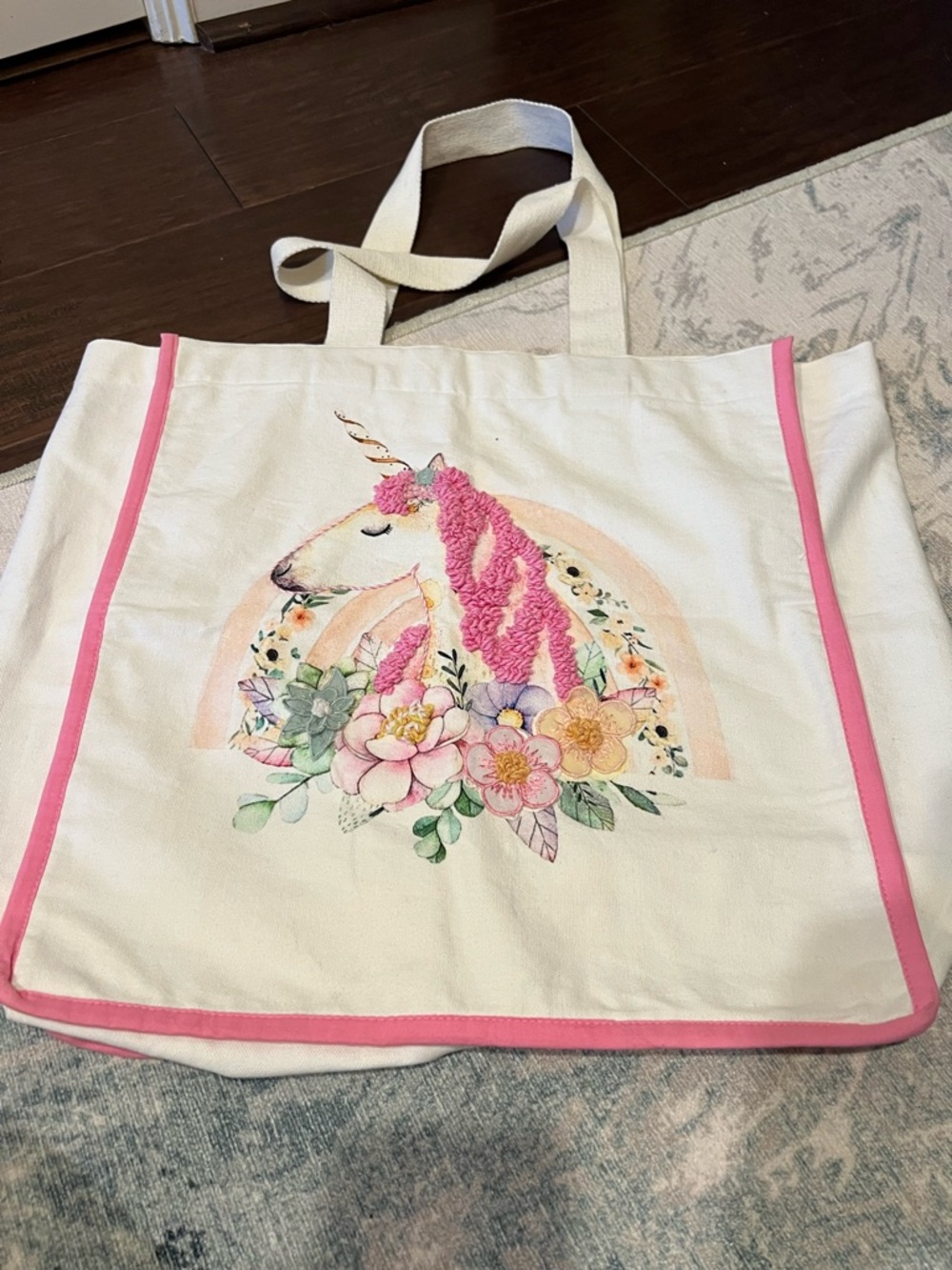 Unicorn Floral Canvas Tote Bag in White & Pink